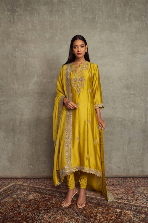 Mustard Embroidered Tunic and Churidar with Dupatta