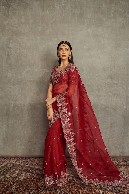 Red Embroidered Organza Saree and Blouse Set