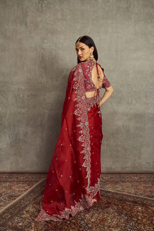 Red Embroidered Organza Saree and Blouse Set