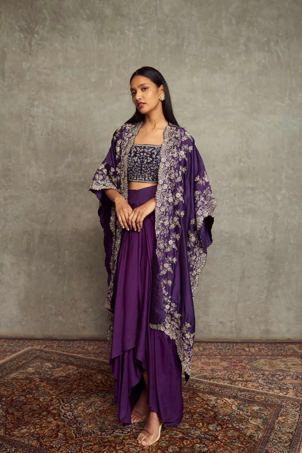 Purple Embroidered Cape with Blouse and Cowl Skirt