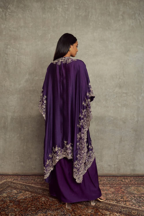 Purple Embroidered Cape with Blouse and Cowl Skirt