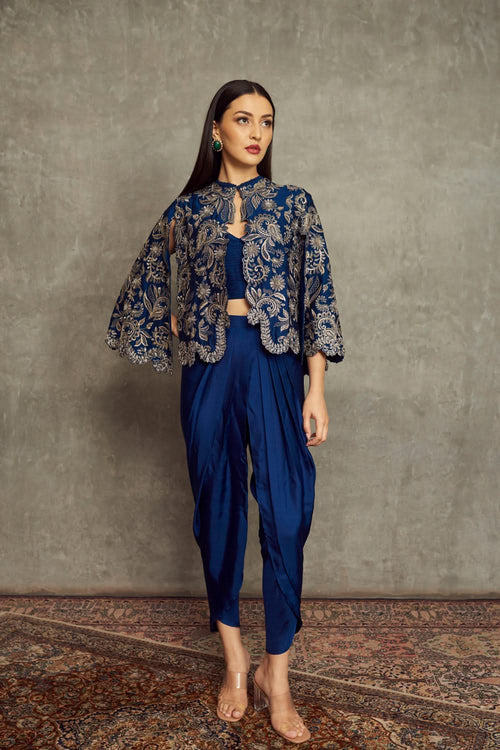 Navy Blue Embroidered Cape with Bandeau and Dhoti Pants