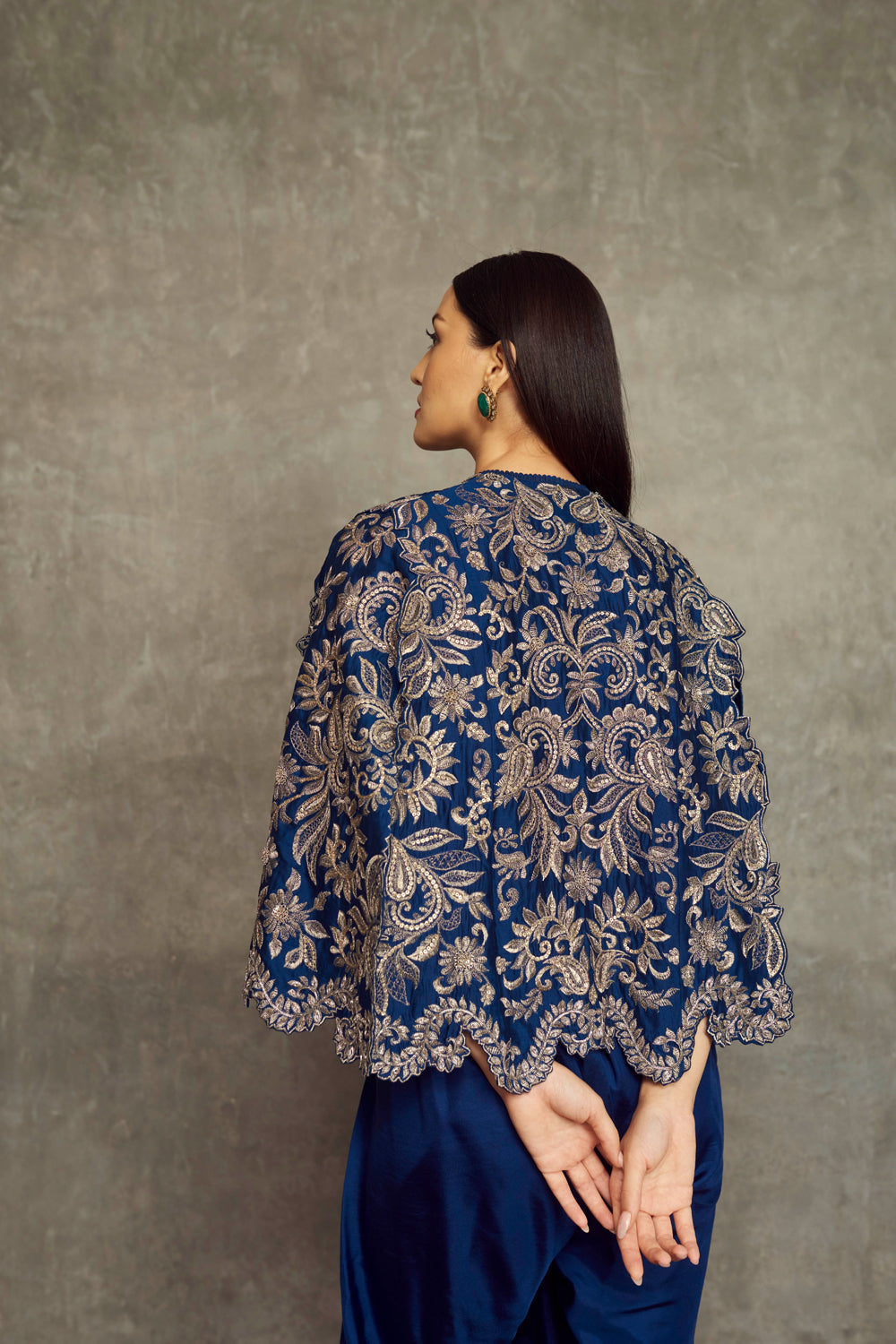 Navy Blue Embroidered Cape with Bandeau and Dhoti Pants