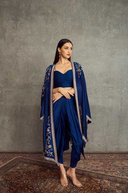 Navy Blue Embroidered Cape Set