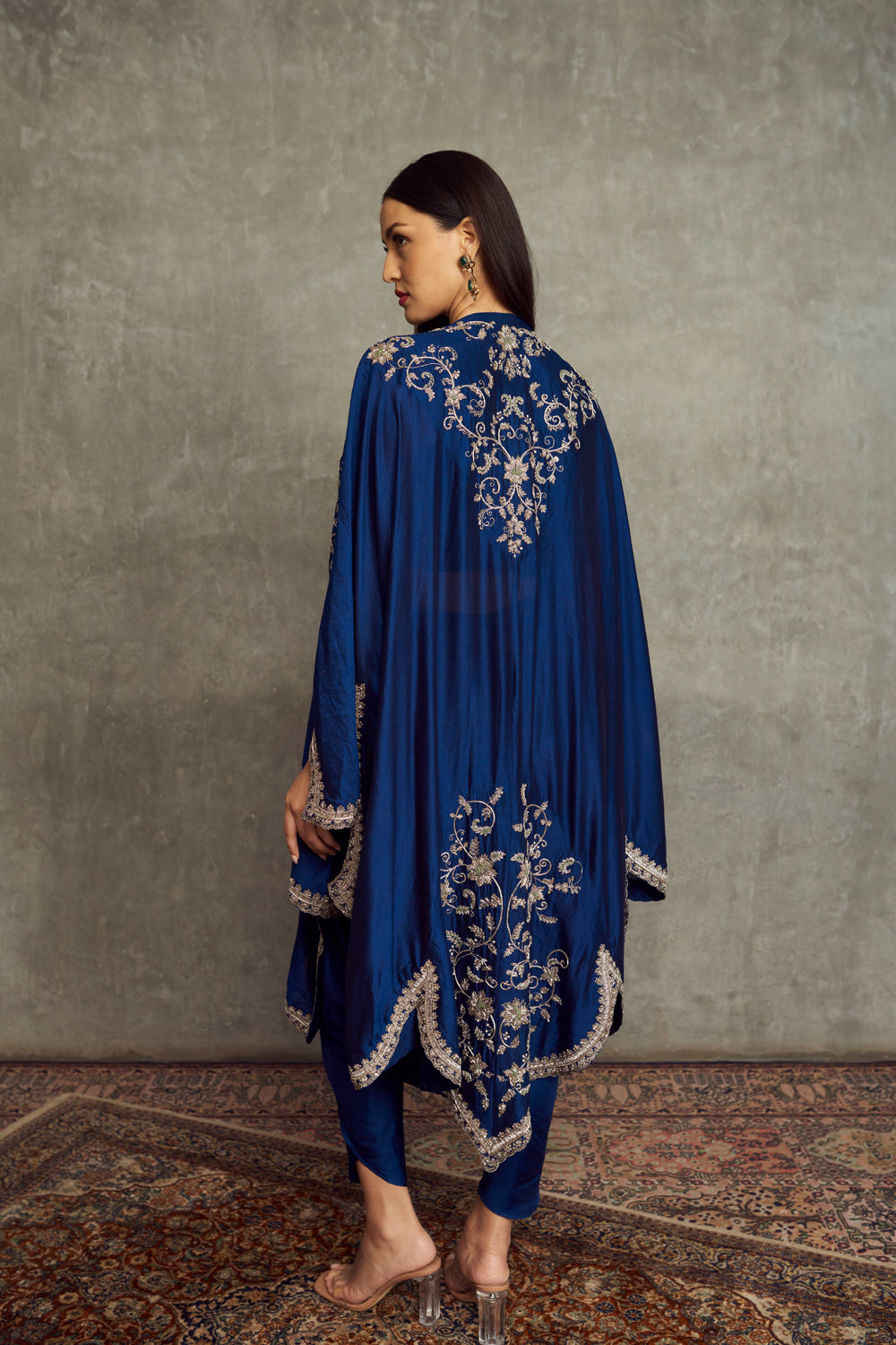 Navy Blue Embroidered Cape Set