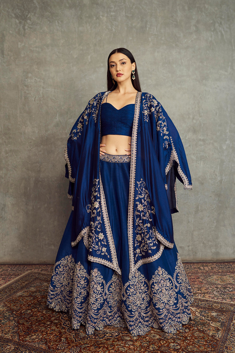 Navy Blue Embroidered Lehenga with Cape and Bandeau