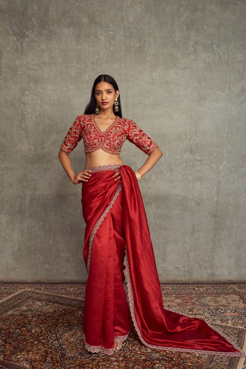 Red Embroidered Silk Saree and Blouse Set