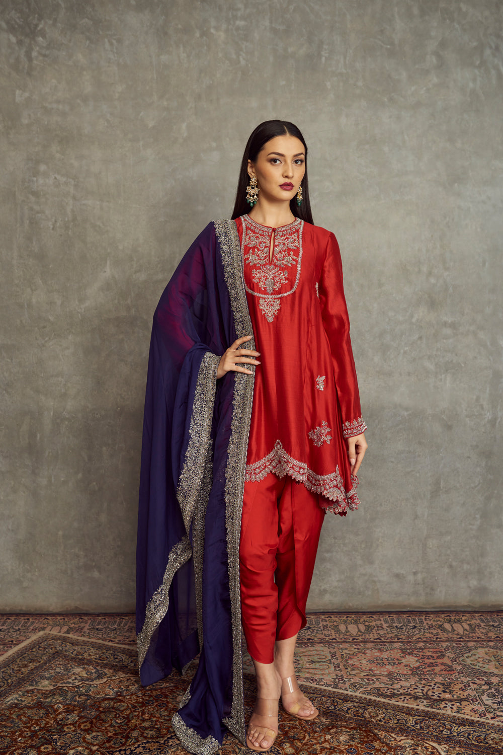 Red Embroidered Tunic and Dhoti Pants with Dupatta