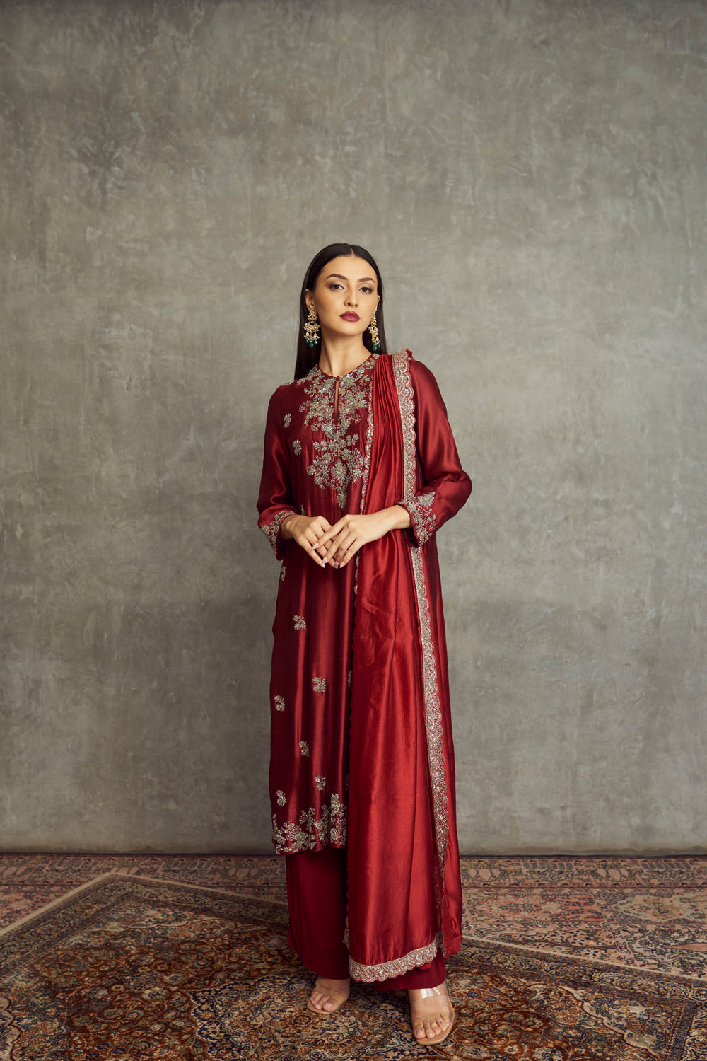 Maroon Embroidered Tunic and Palazzo Pants with Dupatta