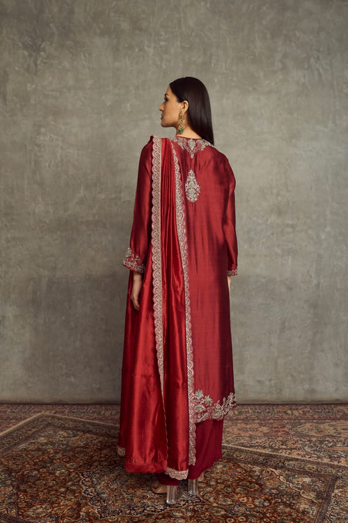 Maroon Embroidered Tunic and Palazzo Pants with Dupatta