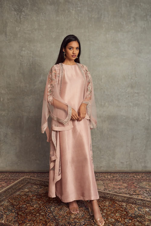 Peach Embroidered Cape Set