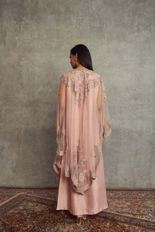 Peach Embroidered Cape Set