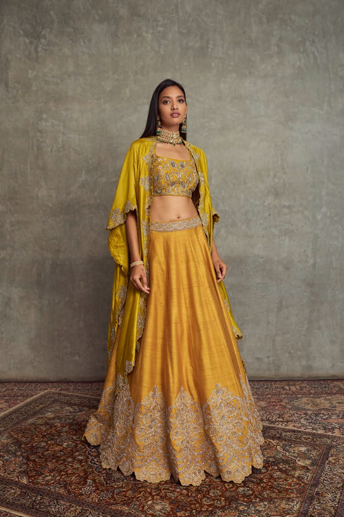 Mustard Embroidered Lehenga with Blouse and Cape
