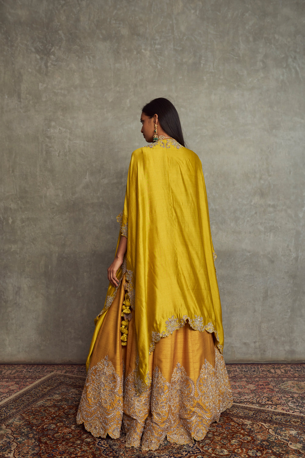 Mustard Embroidered Lehenga with Blouse and Cape