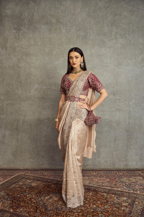 Beige Embroidered Saree and Maroon Blouse Set