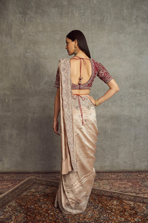 Beige Embroidered Saree and Maroon Blouse Set
