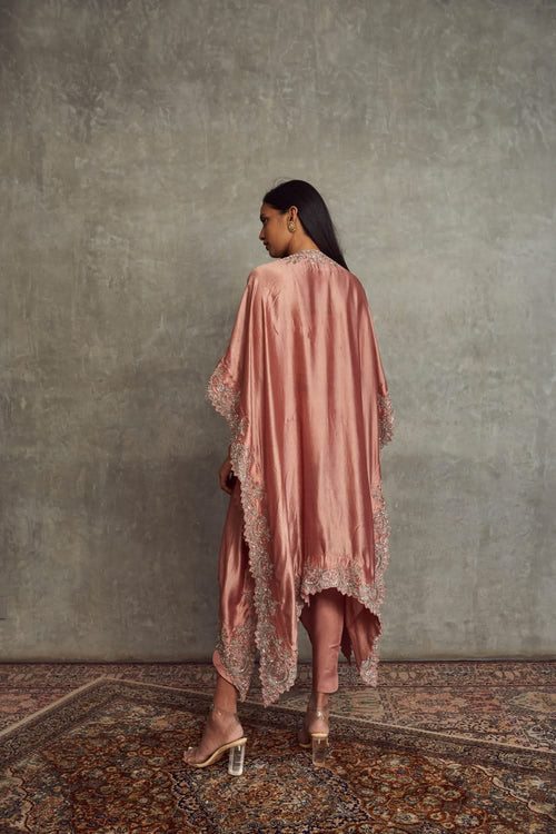 Peach Embroidered Cape with Bandeau and Dhoti Pants Set