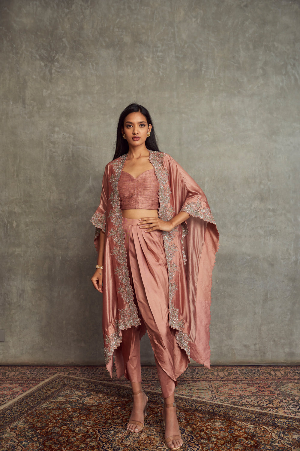 Peach Embroidered Cape with Bandeau and Dhoti Pants Set