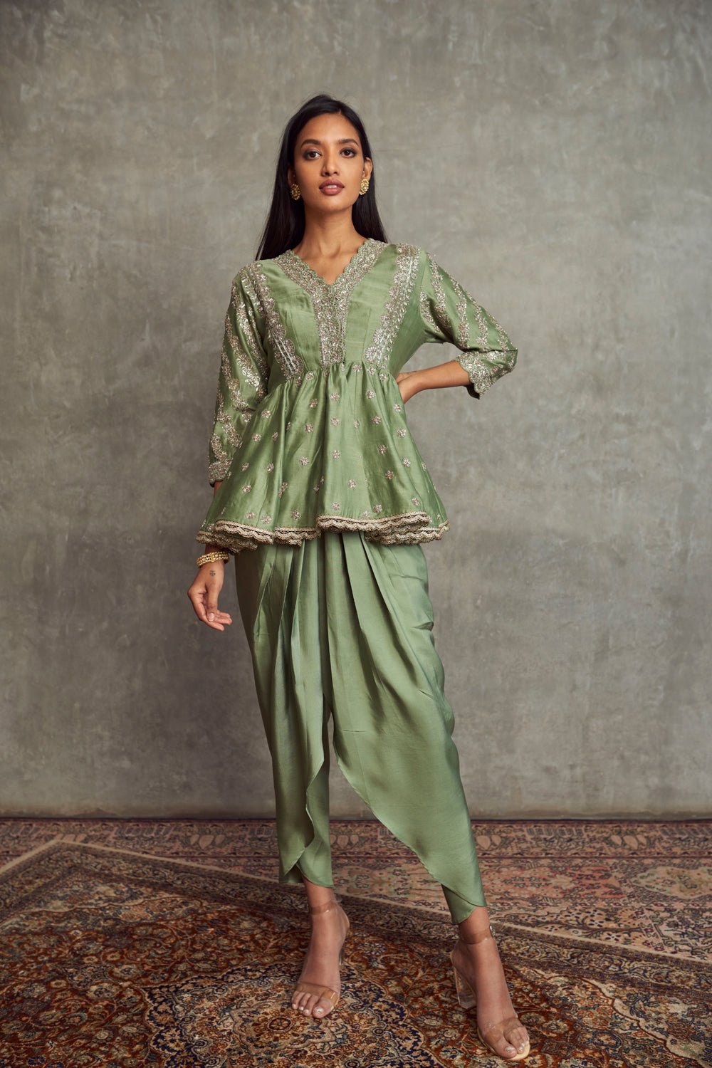 Mint Green Embroidered Peplum Top and Dhoti Pants