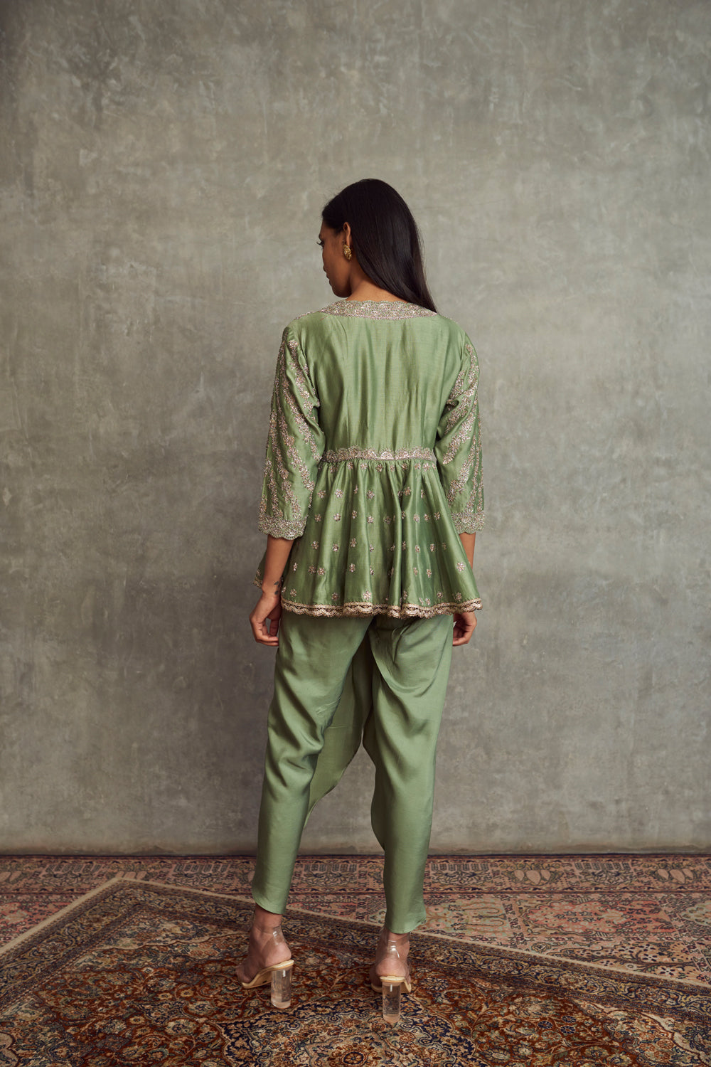 Mint Green Embroidered Peplum Top and Dhoti Pants
