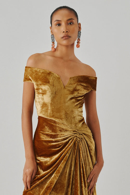 Molten Gold Off-Shoulder Gown