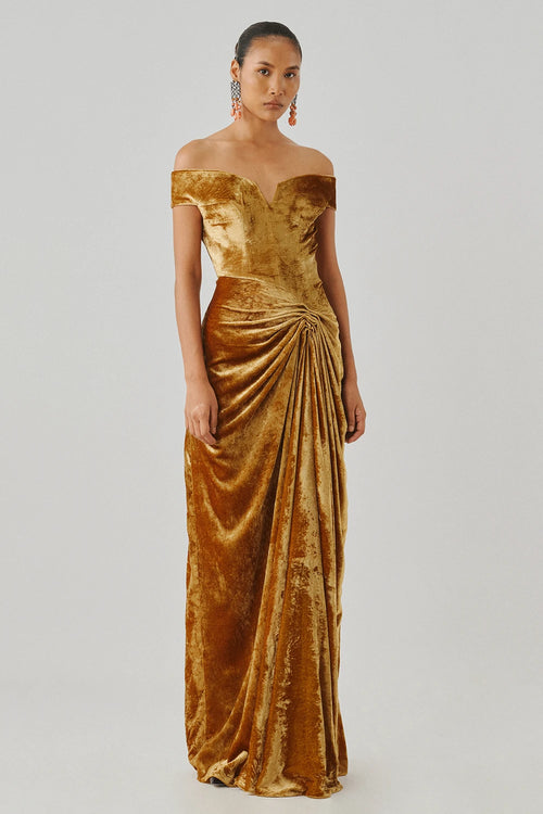 Molten Gold Off-Shoulder Gown
