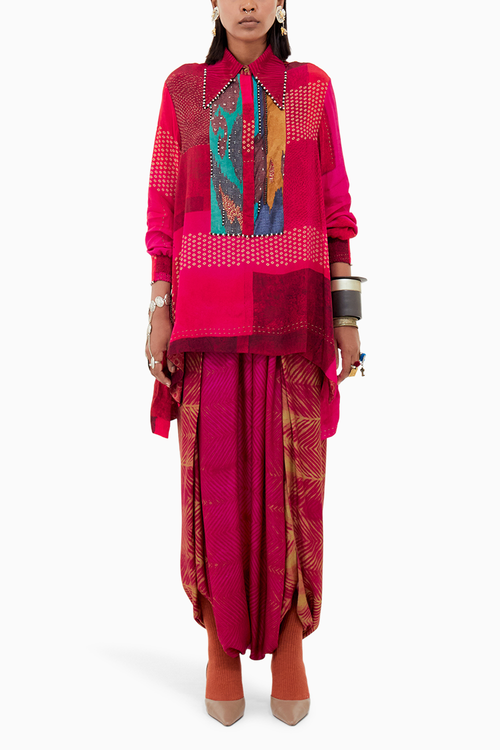 Shocking Pink Beyond Ken Atri Straight Shirt with Drape Pants Set