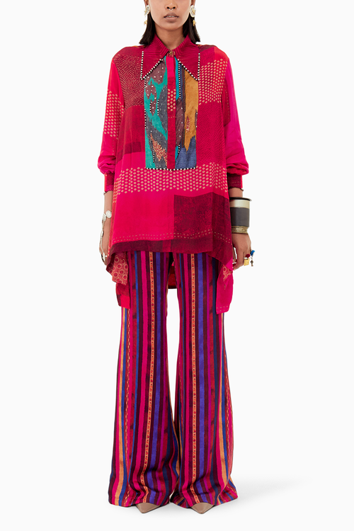 Shocking Pink Beyond Ken Atri Straight Shirt with Bootleg Pants Set