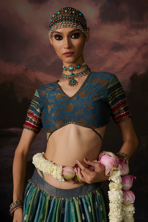 Asma Teal With Multicolor Sleeve Blouse