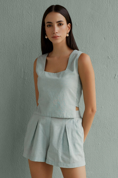 Meili Sage Crop Top With Shorts Set