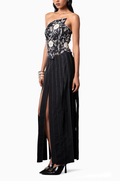 Onyx Embroidered Top and Kuro Shredded Skirt