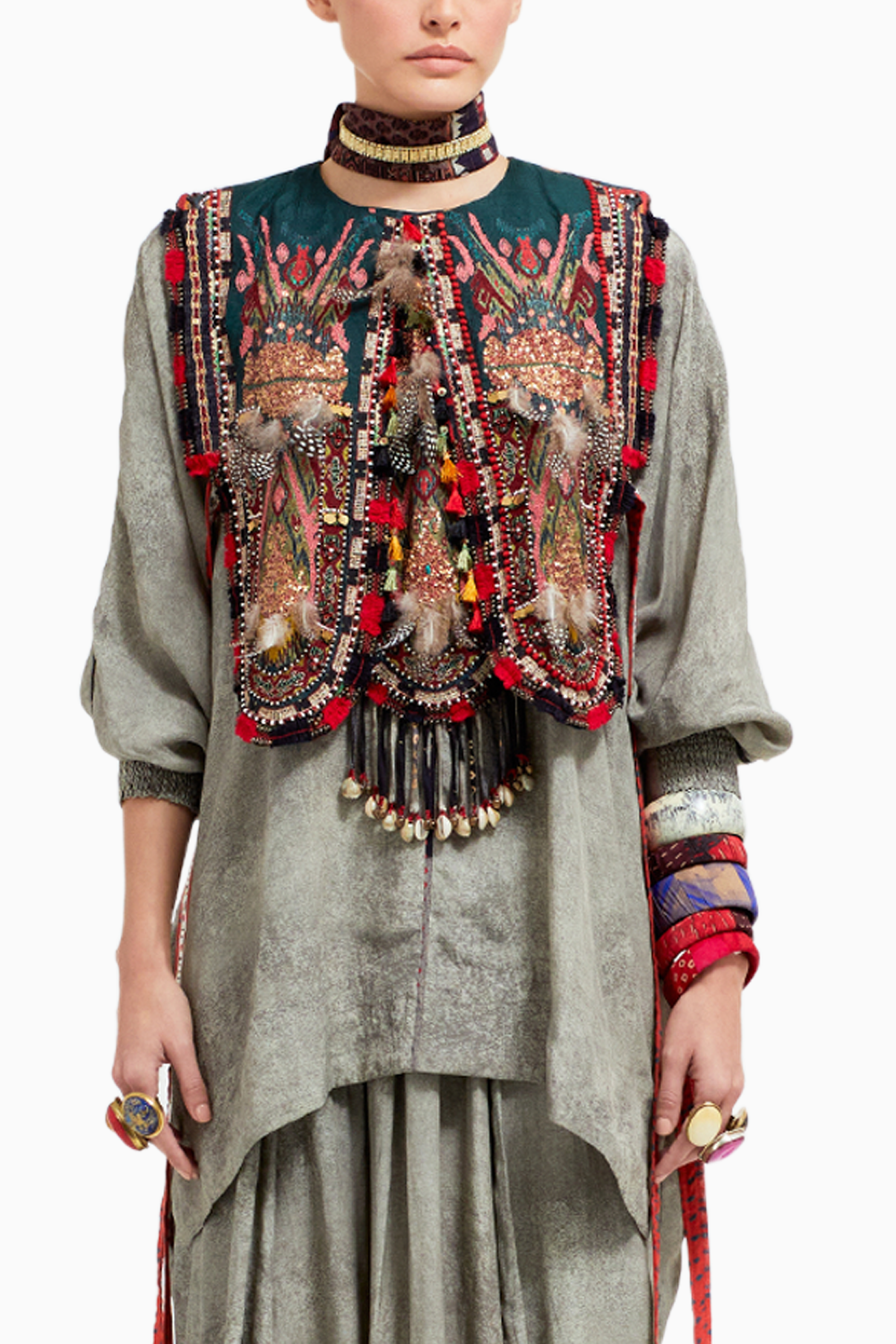 Multi Zuri Gilet with Kurta and Drape Trousers