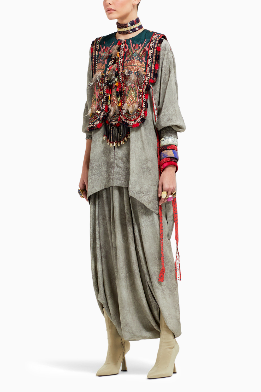 Multi Zuri Gilet with Kurta and Drape Trousers