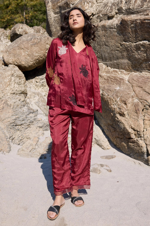 Alfie Maroon Neck Tie-up Top with Carly Trouser