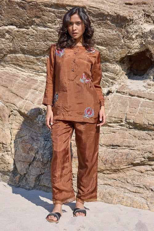 Lola Brown Allover Embroidered Top with Carly Trouser