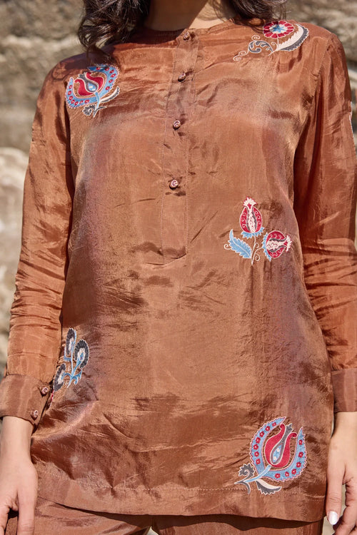 Lola Brown Allover Embroidered Top with Carly Trouser