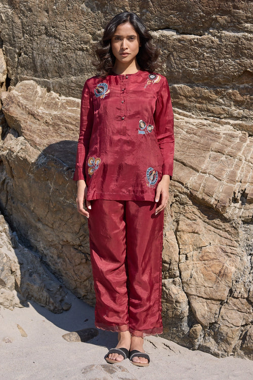 Lola Maroon Allover Embroidered Top with Carly Trouser