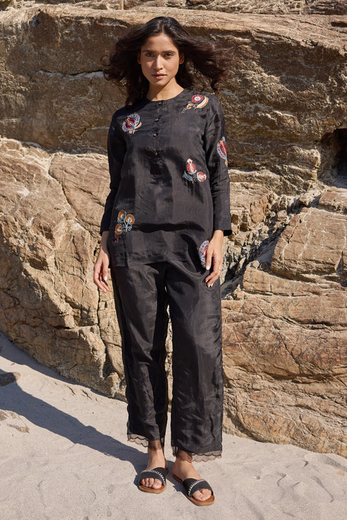 Lola Black Allover Embroidered Top with Carly Trouser