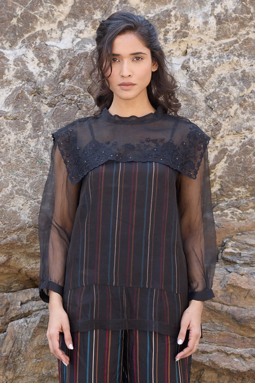 Luc Black Sheer Top with Neck Flap