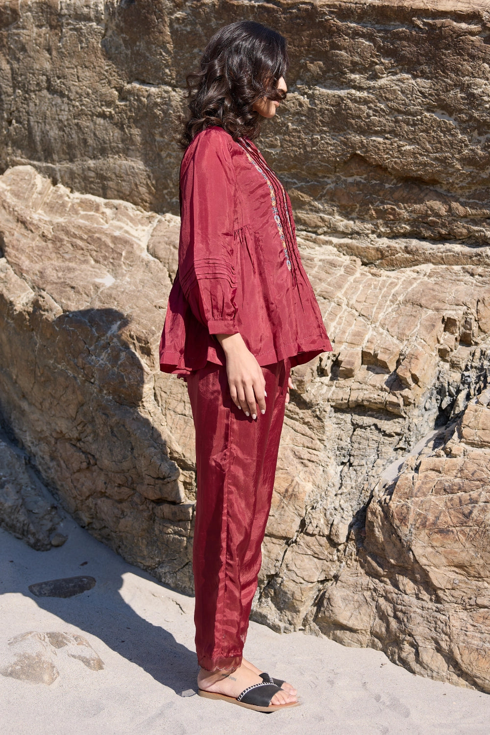 Doug Maroon Pintuck Top with Carly Trouser