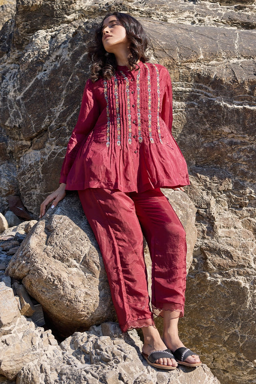 Doug Maroon Pintuck Top with Carly Trouser