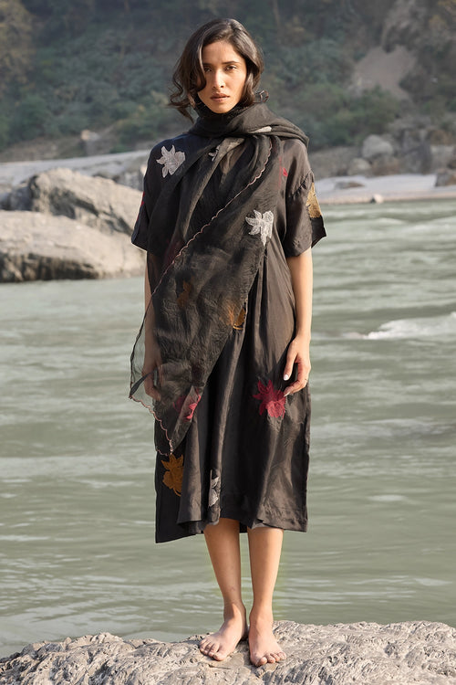 Black Embroidered Floral Motifs Stole