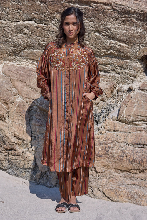 Lauren Brown Button Down Tunic with Carly Striper Trouser