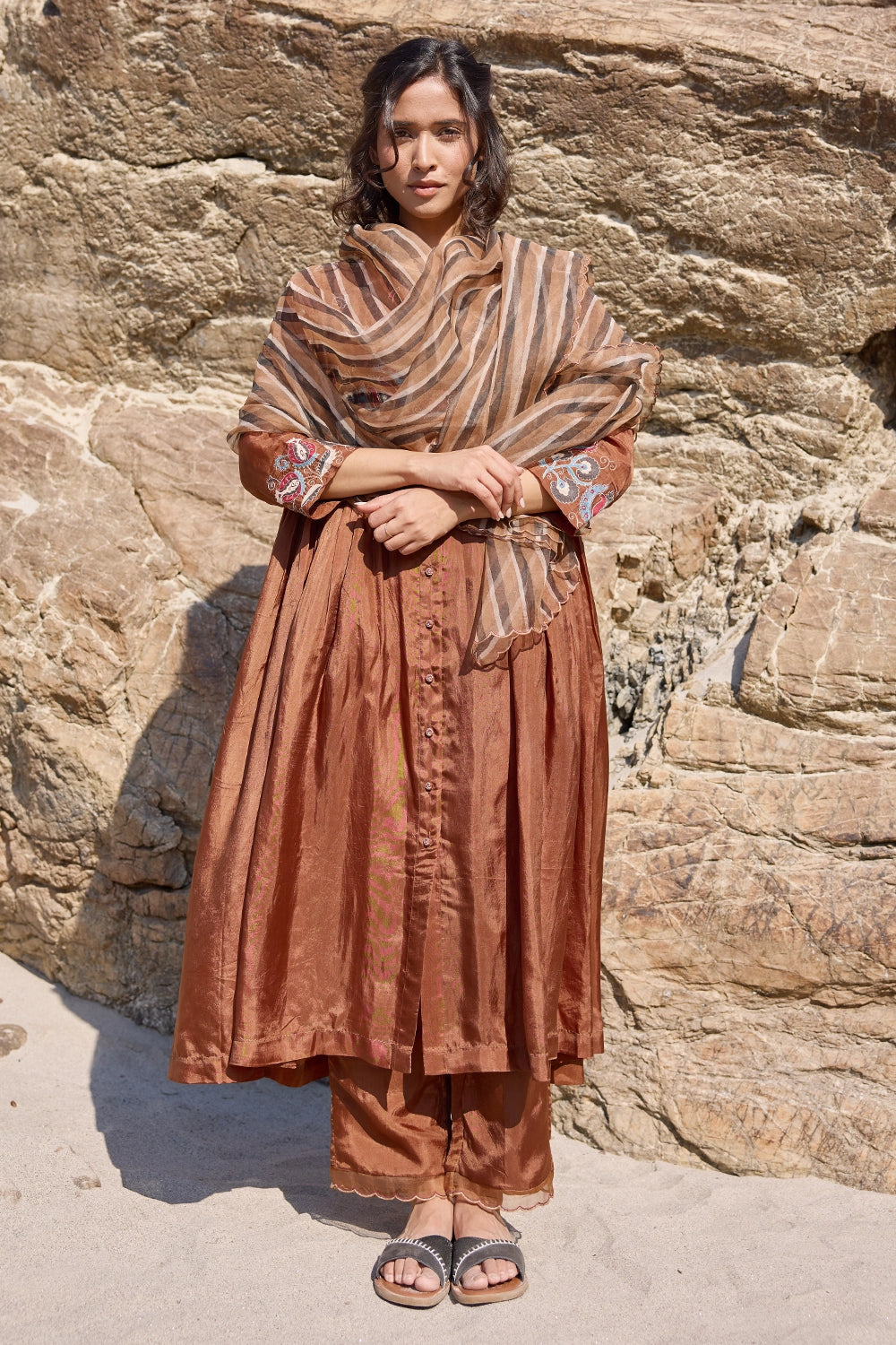 Block Printed Brown Striper Dupatta