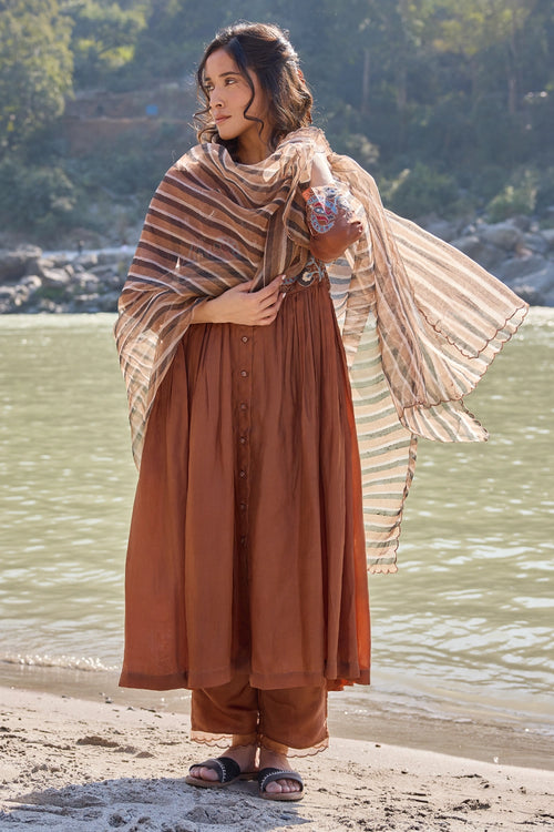 Block Printed Brown Striper Dupatta