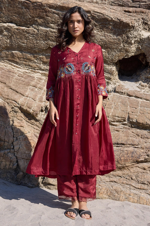 Karen Maroon Button Down Dress with Carly Trousers