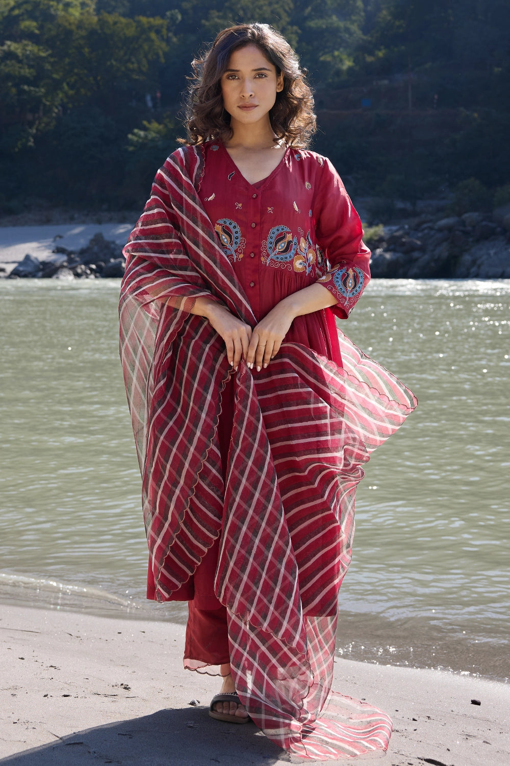 Block Printed Maroon Striper Dupatta