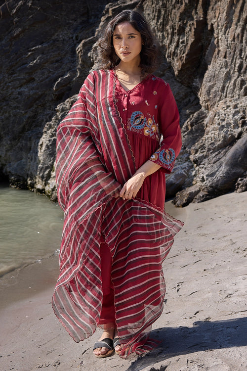 Block Printed Maroon Striper Dupatta