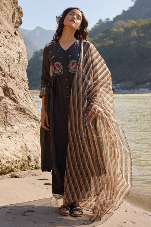 Block Printed Black Striper Dupatta