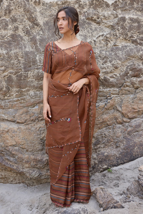 Brown Striper Pleates with Embroidered Pallu Saree